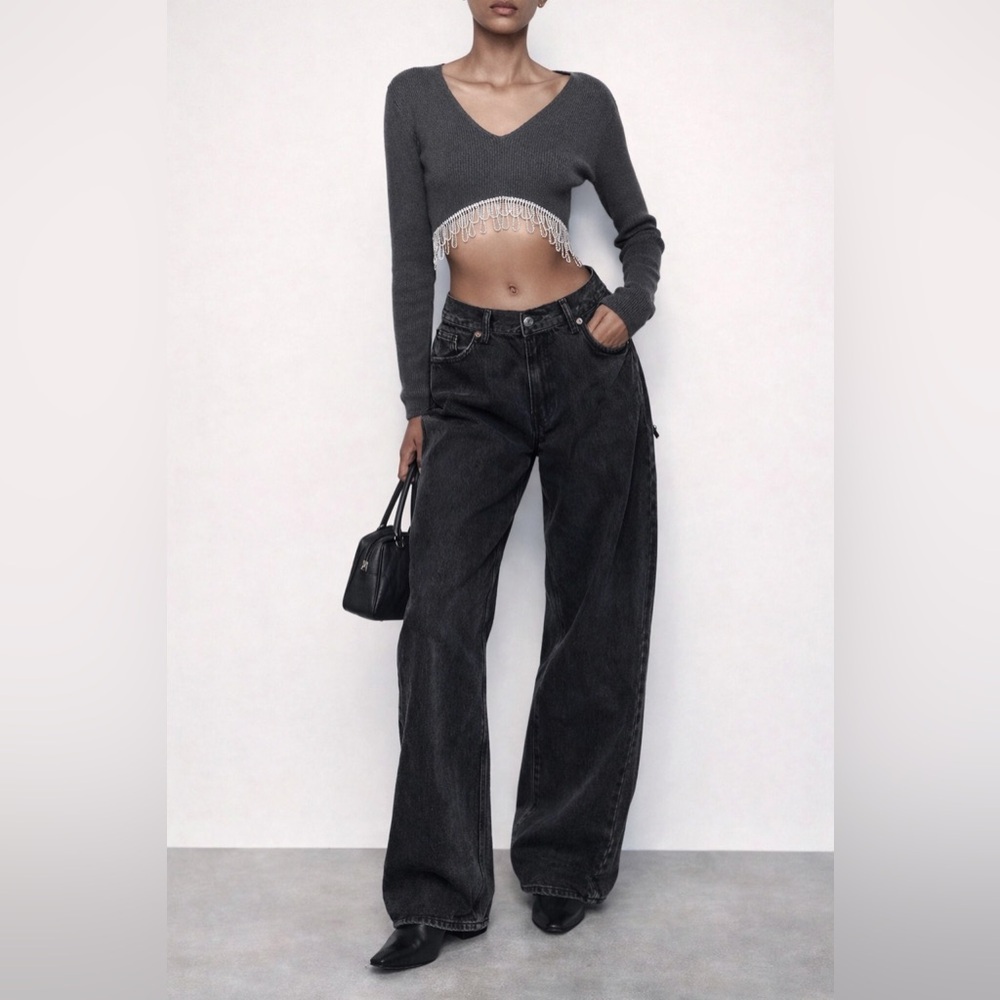 Zara Rhinestone Fringe Crop Top Grey Ribbed Y2K Going Out Size L